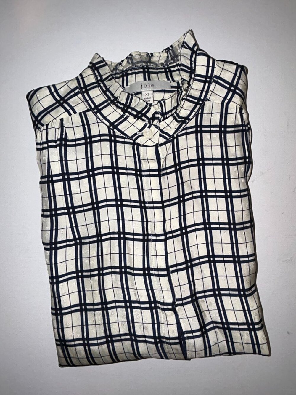 Joie Ivory/Navy Plaid, Ruffle Collar, long sleeve, button front Top, XS